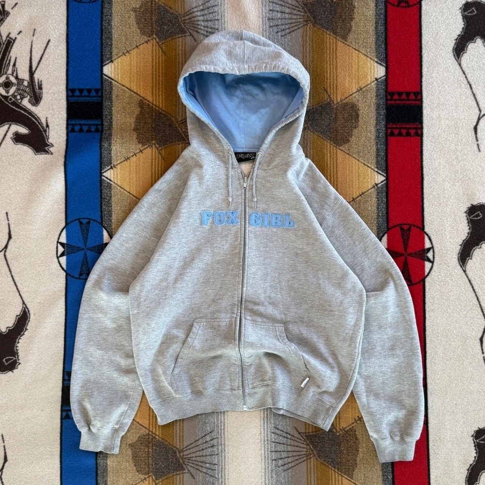 Fox Racing Fox Girl Zip Up Hoodie Gray Blue Embroidered Fleece Sweatshirt Large
